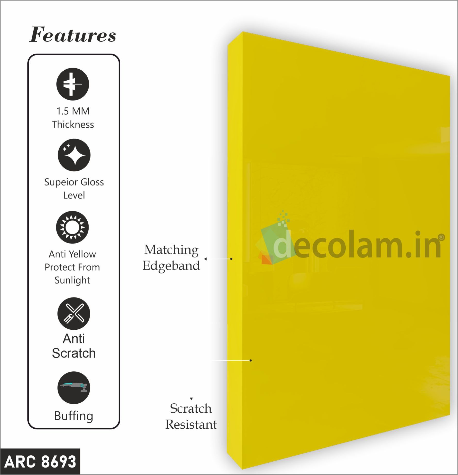 Decolam ARC8693 Golden Yellow 6H Anti Scratch Plain Acrylic Laminate image 1